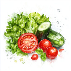 Watercolor illustration of vegetables: lettuce, cucumbers, and tomatoes