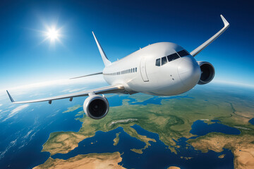 Obraz premium Passenger jet flies above Earth under bright sun and blue sky, dynamic aerial travel and aviation concept. generative AI 