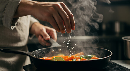 Chef seasoning vegetables in a pan while cooking, close-up shot of the process