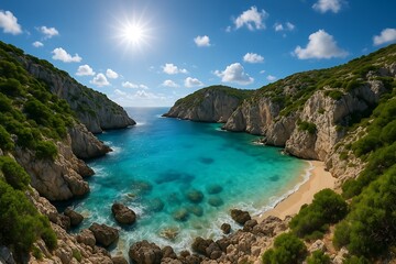 Secluded Cove with Turquoise Water and Rocky Cliffs under a Bright Sun and Blue Sky with Clouds
