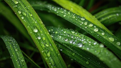 Close-up of wet grass blades covered in dew drops