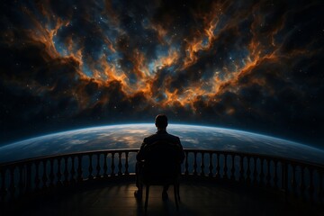 Contemplative Man on Balcony Gazing at Earth and Nebula in Space a Vision of Future Exploration