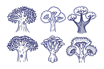 Tree Sketches: A collection of stylized drawings of various trees, each depicting a unique tree form and shape, illustrating the diverse beauty of nature's arboreal wonders.