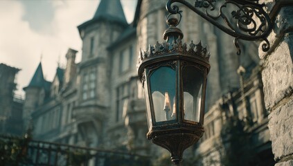 Ornate lantern hangs against a grand, stone building
