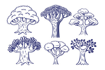 Elegant Forest Elements: A collection of six meticulously drawn trees, each exhibiting unique characteristics of form and texture, representing the captivating diversity of nature. 