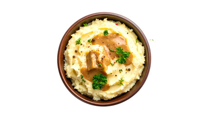 Mashed potatoes with gravy and herbs in a bowl, isolated on transparent background PNG