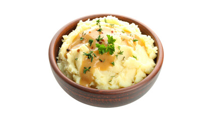 Mashed potatoes with gravy and herbs in a bowl, isolated on transparent background PNG.