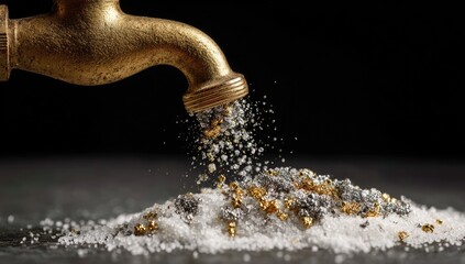 Gold-toned faucet pouring water, creating a shower of metallic flakes over a pile of white powder