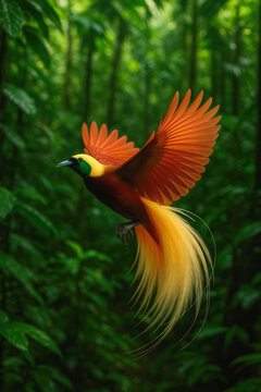 Magnificent bird-of-paradise hovers in lush jungle, fiery orange plumes and golden tail fanned against emerald foliage, generative AI