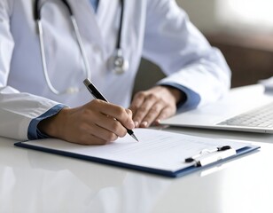 Fototapeta premium Detailed close-up of young doctor's hand writing prescription to paper on clipboard at desk.