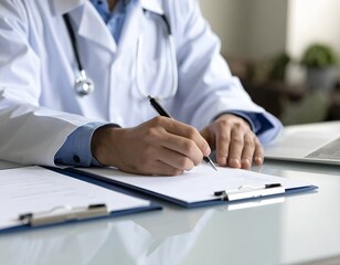 Detailed close-up of young doctor's hand writing prescription to paper on clipboard at desk.