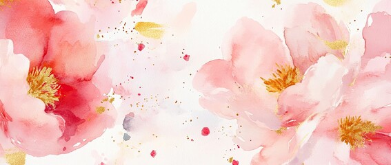 Abstract floral background with watercolor flowers and gold elements 