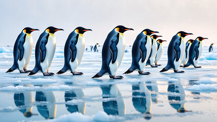 Obraz premium Emperor Penguins Marching in a Line on Icy Antarctic Landscape antarctica snow