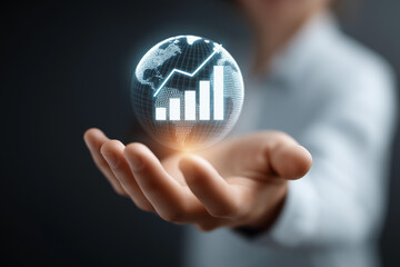 Close-up of a woman's hand supporting a glowing holographic Earth with dollars and bar graphs, neon blue financial UI, elegant lighting, and a dark tech background.