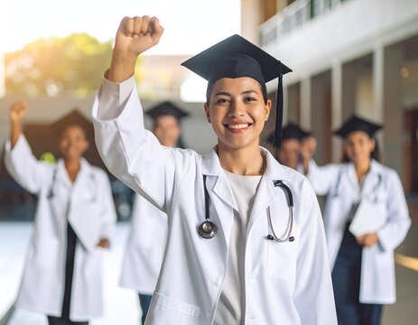 A young medical student at medical school commencement ceremony, graduation cap and gown over medical coat. They held triumphantly by raise a hand at university. - Powered by Adobe
