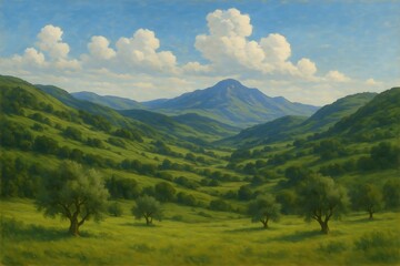Fototapeta premium Rolling Green Hills Landscape with Olive Trees and Distant Mountains Under a Cloudy Blue Sky in Summer
