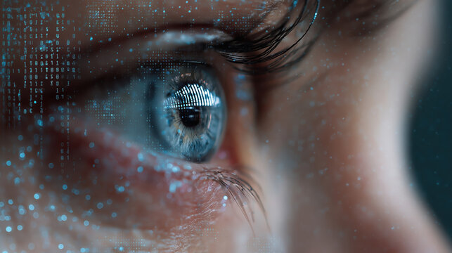 Close-up of a human eye reflecting digital data and binary code, showcasing technology and innovation, with a focus on the intricate details of the iris and eyelashes