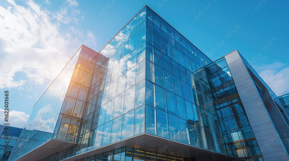 Poster modern glass building with reflective surfaces and angular design, showcasing contemporary architect