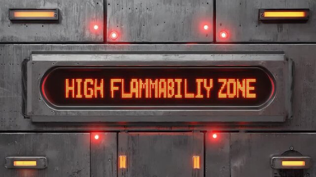Close-Up of Industrial Warning Panel with Glowing &ldquo;High Flammability Zone&rdquo; Alert and Blinking Red Hazard Lights