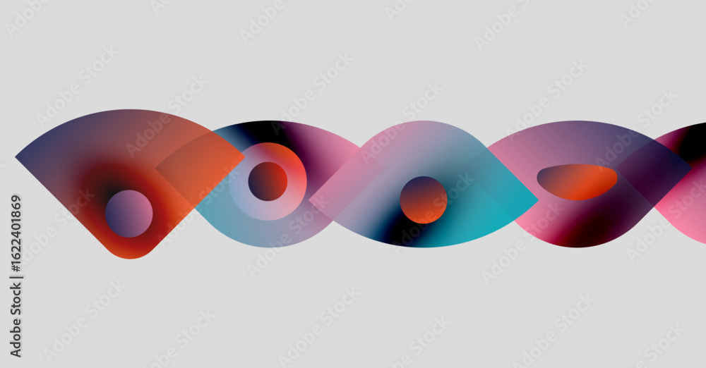 Poster abstract colorful shapes overlap, creating flowing ribbon effect. soft gradients blend hues, forming