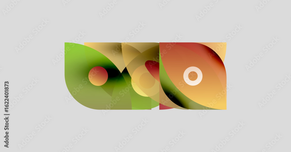 Poster abstract colorful shapes overlap creating dynamic composition. warm, cool hues blend, forming modern