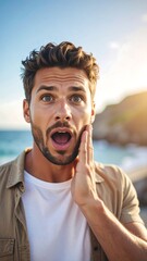 A surprised man, hand to cheek, outdoors near ocean