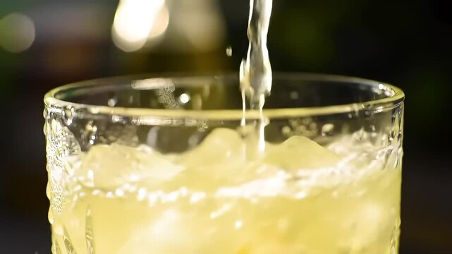 Refreshing Drink Pouring: A close-up shot captures the exhilarating moment of pouring a refreshing, light-colored beverage into a glass filled with ice cubes.