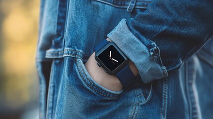 Stylish smartwatch on a denim jacket pocket.