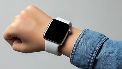 Stylish smartwatch on wrist with blank screen.