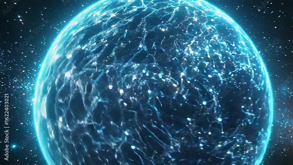 Poster futuristic planet earth rotating in space with glowing lines and particles