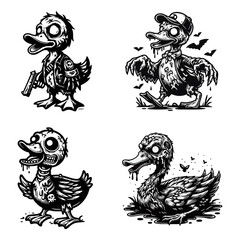 Fototapeta premium Four cartoon zombie ducks are depicted in black and white, each with unique poses and details like exposed bones, tattered clothing, and menacing expressions.