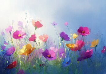 Obraz premium Abstract oil painting of colorful wildflowers, with the flowers in the foreground and vibrant colors against a light blue background, creating a beautiful and dreamy scene