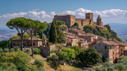 Obraz premium Tuscany Montalcino. View of Medieval Italian Town on Hill in Picturesque Tuscany