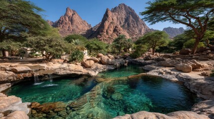 Obraz premium Desert oasis with crystal clear pools, rocky landscape and mountains