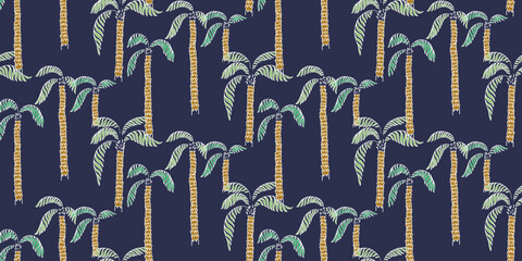 Vector seamless pattern featuring repeating palm trees with textured beige trunks and green fronds on a deep navy background. Perfect for tropical designs, textiles, wallpapers, and digital prints