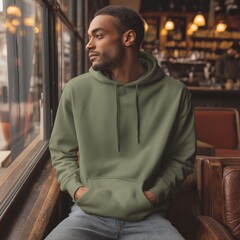 mockup, fashion olive or sage green pullover hoodie male model vintage coffee shop cozy mood, Ai generate