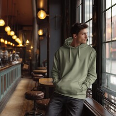 mockup, fashion olive or sage green pullover hoodie male model vintage coffee shop cozy mood, Ai generate