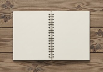 Open spiral notebook on wooden surface showcasing blank pages for creativity and note taking