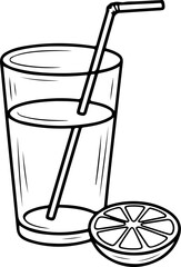 Simple black and white line drawing of a glass of juice with a straw and a lemon slice
