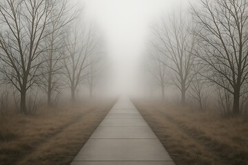 Obraz premium Eerie Foggy Landscape with a Concrete Path Leading into the Mist Surrounded by Bare Trees in Autumn