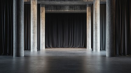 Dark, empty interior space with concrete pillars and black curtains.