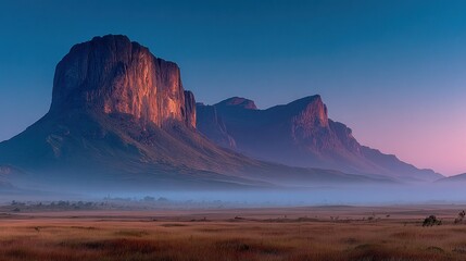 Dramatic mountain range at dawn.  Vast, arid plain