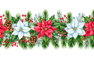 Christmas border with green pine branches, red balls, isolated on white background