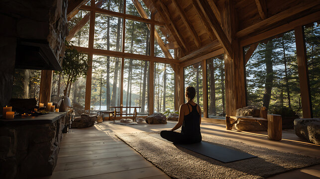 Woman meditating yoga retreat wellness relaxation nature cabin forest zen peaceful mindful exercise home 100
