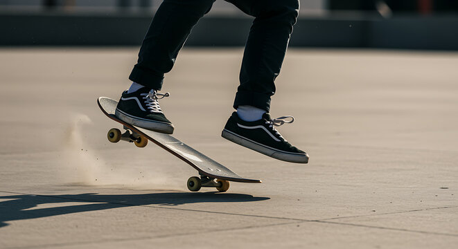 Skateboarder performing a trick with stylish shoes and a skateboard on a sunny day