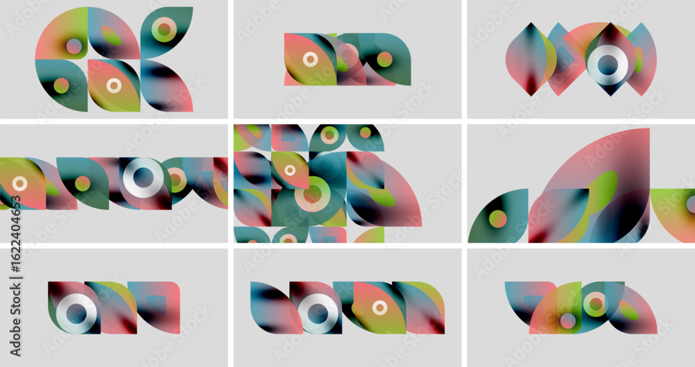 Poster abstract colorful shapes arranged in grid. overlapping forms create dynamic visual patterns, soft gr