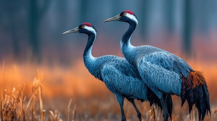 Obraz premium Two graceful cranes stand in a golden field at dawn