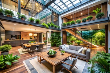 Luxurious modern home with abundant natural light and lush indoor greenery