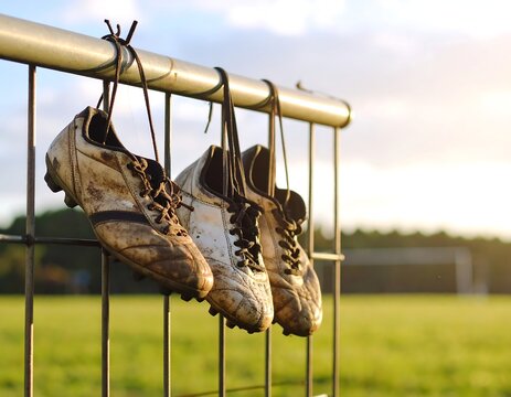 Mud-caked soccer cleats hang on a fence, drying in the sunlit afternoon