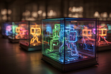 Fototapeta premium Futuristic Neon Circuit-Themed Robots and Drones Displayed in a Glass Enclosure of Modern Art